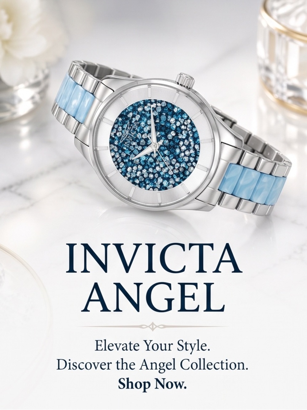 Invicta Angel Women's Silver Watch with Blue Crystal Dial and Light Blue Inlays